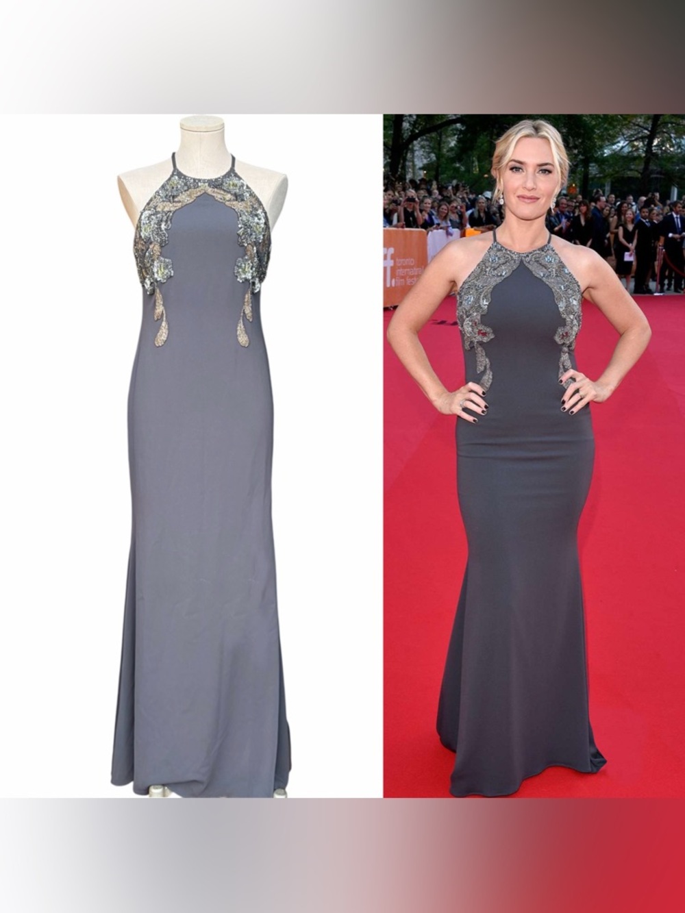 BADGLEY MISCHKA Charcoal Gray Beaded Sleeveless Formal Maxi Evening Gown Size 4